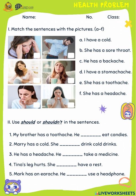 Health Problems Worksheet, Health Worksheets For Kids, English Classes For Kids, English Teaching Resources, English Activities For Kids, Social Skills Activities, English Worksheets For Kids, Kids English, English Teaching