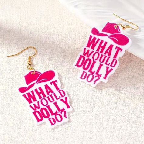 Acrylic WHAT WOULD DOLLY DO? Hot Pink Dangle Earrings Pink Dangle Earrings, White Hoop Earrings, Lotus Earrings, Cactus Earrings, Puka Shell, Rice Bead, Crystal Hoop Earrings, Pearl Design, Square Earrings Studs