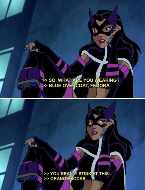 Huntress and Question <3 | 22 Times The Justice League Proved Their Superpower Is Sass The Question Dc, Couples Watches, Superheroes Wallpaper, Orange Socks, The Justice League, Justice League Unlimited, Univers Dc, Dc Memes, Dc Comics Characters