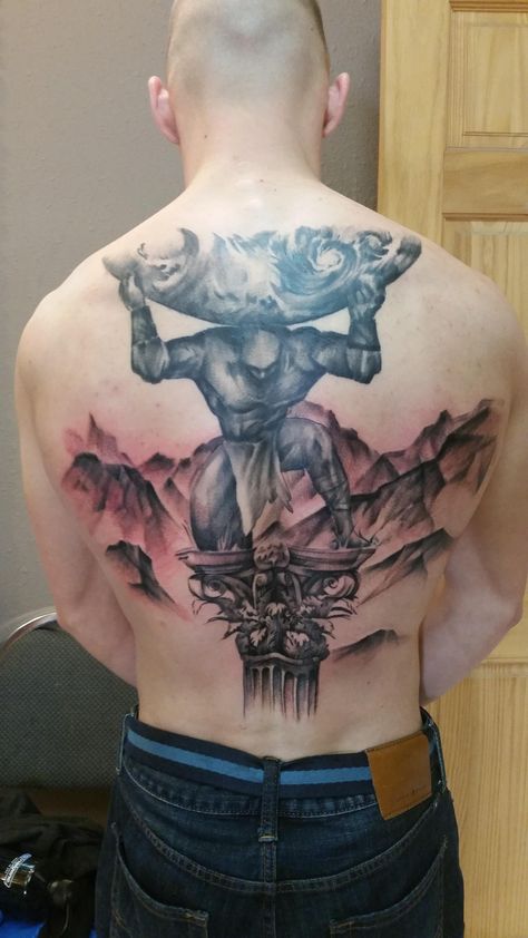 Atlas Holding the Heavens done by Ericksen Linn at Star Tattoo, Albuquerque by trivod119 Atlas Chest Tattoo, Atlas Back Tattoo, Atlas Holding The World Tattoo, Atlas Tattoo Mythology, Greek God Tattoo, Atlas Tattoo, Greek Mythology Tattoos, God Tattoos, World Tattoo