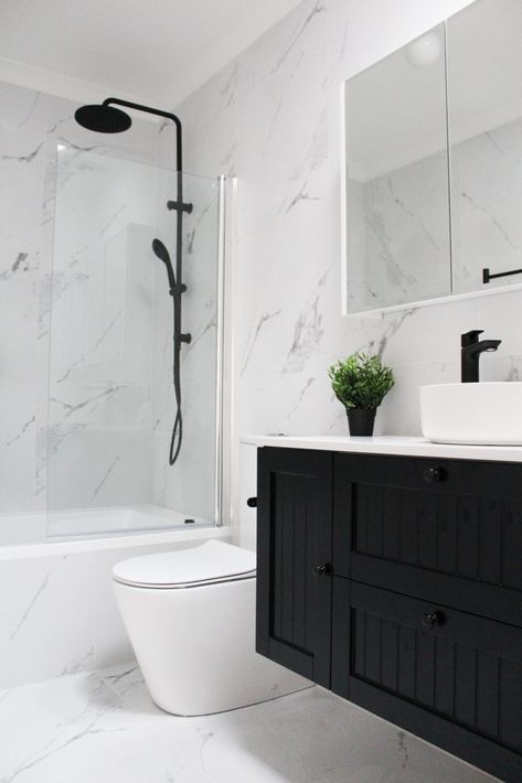 Shower Bath Ideas, Shower Tapware, Bathrooms Marble, Bathroom Shower Bath, House Upstairs, Black Tapware, Freestanding Baths, Ensuite Ideas, Black Tile Bathrooms