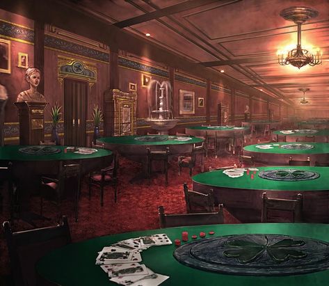 Gambling Den Concept Art, Fantasy Casino Concept Art, Fantasy Bar Concept Art, Fantasy Gambling Den, Poker Table Aesthetic, Dnd Casino, Casino Concept Art, Fantasy Casino, Gambling Room