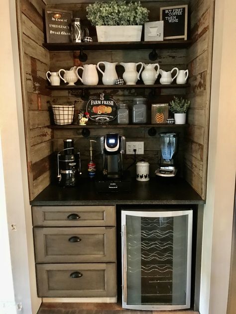 We created this coffee bar/wine bar from an old coat closet.  We used real barnwood to line the walls.  I sealed it with black wax from DIY PAINTS.  The shelves are boards from Restore-hardware from Menards...we sprayed black.  Still need to add wine glass slides and hooks for coffee cups Coffee Bar Ideas In Closet, Coffe Closet, Wine And Coffee Bar Closet, Coffee Bar In Closet Ideas, Coffee Bar Ideas In Pantry, Coffee Bar Closet Ideas, Coffee Closet Ideas, Closet Coffee Bar Ideas, Corner Coffee Station Ideas