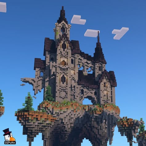 Minecraft Floating Castle, Minecraft Floating, Minecraft Medieval Village, Building Motivation, Floating Castle, Minecraft Castle Designs, Island Castle, Minecraft Wall, Hyrule Castle