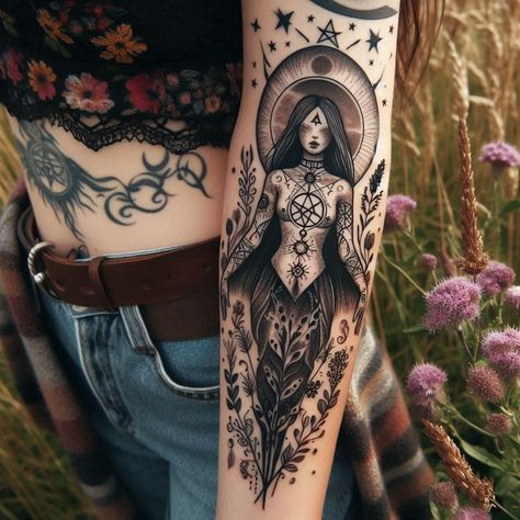 Witchy Aesthetic Tattoo, Witchy Tattoo Sleeve, Occult Tattoos, Icon Wallpaper Aesthetic, Wicca Tattoo, Wiccan Tattoo, Witchy Tattoos, Biomechanical Tattoo Design, Nature Tattoo Ideas