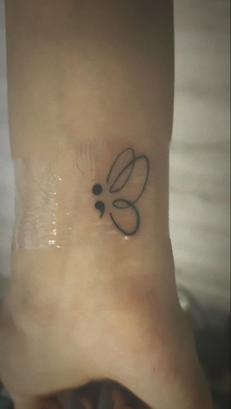 Small Butterfly Semicolon Tattoo, Semicolons Aesthetic Butterfly, Butterfly And Semicolon Tattoo, Butterfly With Semicolon, Small Semicolon Tattoo, Butterfly Semicolon Tattoo, Butterfly Wings Tattoo, Butterfly Wing Tattoo, Simple Tattoos For Women