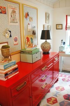 Fabric Window Shades, Dining Room Dresser, Orange Furniture, Colorful Dresser, Dresser Refinish, Narrow Rooms, Red Furniture, Cabinet Colors, Retro Kitchen