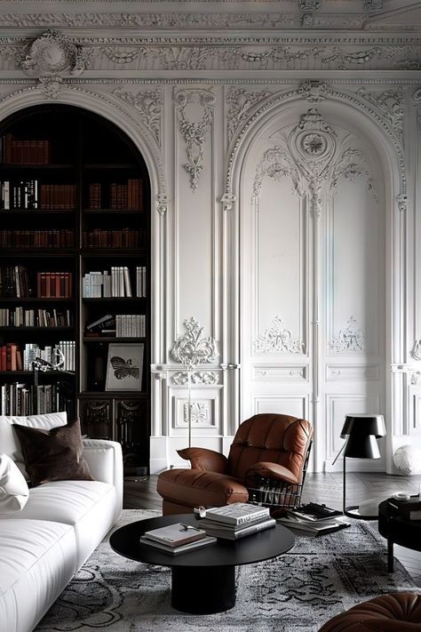 Interior Design With White Walls, Parisian Interior Style, Parisian Interior Design, Parisian Luxury, Parisian Living Room, Arched Doorways, Brown Leather Armchair, Black Bookcase, Parisian Interior