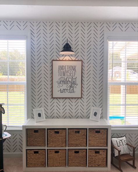 Herringbone Stencil Floor, Herringbone Wallpaper Kids Room, Black And White Herringbone Wallpaper, Herringbone Stencil Wall Bathroom, Herringbone Stencil, Puck Lights, Sharpie Marker, Black Sharpie, Herringbone