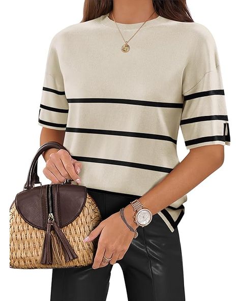 Zeagoo Womens Knit Short Sleeve Tops Summer Pullover Blouse Basic Casual Shirt at Amazon Women’s Clothing store Cotton Tops For Women Casual, Short Sleeve Tops For Women, Clothes For Women Over 60, Knit Tops For Women, Summer Pullover, Business Casual Top, Cotton Shirts Women, Stripe Top, Womens Tops Summer