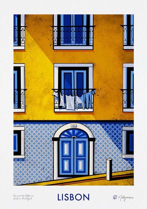 Giclee art print of a traditional old tiled house with washing hanging from the balconyin AlfamaLisbonPortugalThe art is bright and vibrantthe main colors are yellow and blueThe image is bright and colorfulThe print comes in 4 sizes. Lisbon Art Print, Lisbon Color Palette, Portuguese Buildings, Lisbon Illustration, Portugal Decor, Tiled House, Portugal Restaurant, Lisbon Print, Portuguese Decor