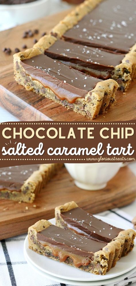 Chocolate Chip Salted Caramel Tart, chocolate dessert recipes, easy to make sweet treats Fun Homemade Desserts, Fun Desserts For A Party, Salted Caramel Chocolate Dessert, Chocolate Chip Tart, Desserts With Chocolate And Caramel, Fudge Tart Recipes, Baking Recipes Caramel, Cookie Based Desserts, Chocolate Caramel Desserts Easy