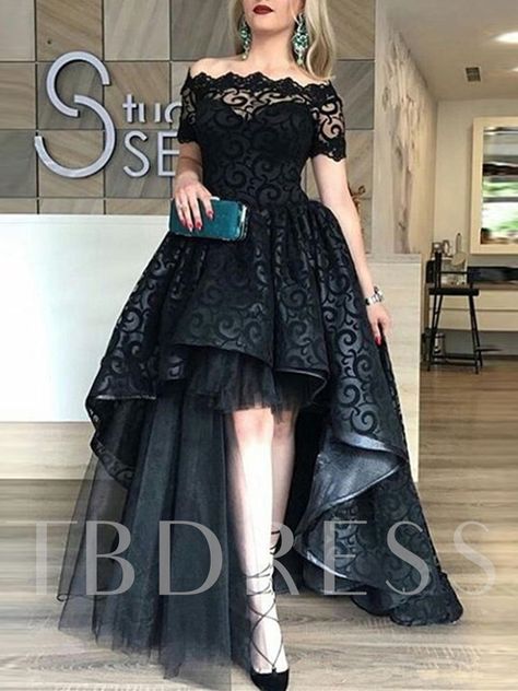 A-Line Lace Off-the-Shoulder Sweep Train Evening Dress - Tbdress.com Fancy Prom Dresses, Black Lace Evening Dress, Long Party Gowns, Black Lace Prom Dress, High Low Prom Dresses, Evening Dresses With Sleeves, Formal Evening Dress, Prom Dresses Modest, Lace Evening Dresses