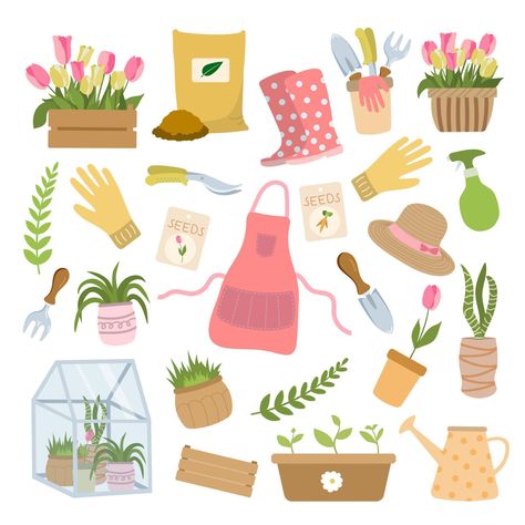 Spring Illustrations, Spring Stickers, Garden Clipart, Spring Illustration, Spring Clipart, Potted Flowers, Garden Equipment, Goodnotes Planner, Spring Art