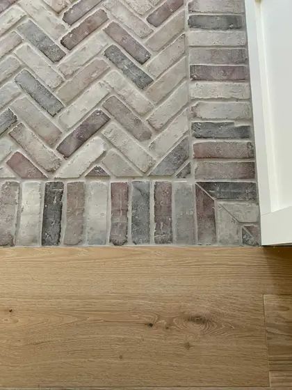 PHOTO GALLERY | Realthinbrick Brick Floor Bathroom, Brick Herringbone Floor, Herringbone Brick Floor, Garage Entryway, Brick Porch, Farmhouse Kitchen Inspiration, Entryway Tile, Brick Floor, Entryway Flooring