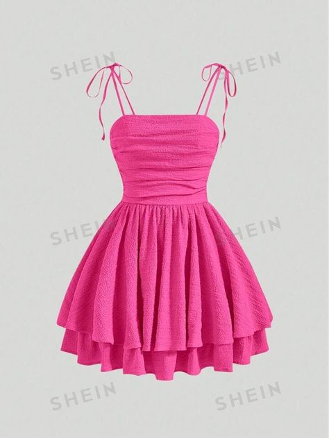 SHEIN MOD Tie Shoulder Layered Hem Ruched Cami Dress | SHEIN Cute Short Pink Dress, Batmitzvah Dress Guest, Pink And White Dress Outfit, Hot Birthday Outfit, Pink Tulle Dress Short, Hot Pink Dress Short, Pink Dress Birthday Outfit, Pink Outfits Casual, Cute Pink Dresses