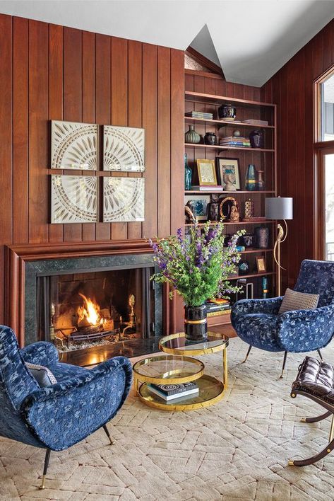 wood paneling ideas Paneled Office Walls, Mcm Living Room With Fireplace, 1960 Living Room, Fireplaces Modern, Wood Paneling Living Room, Mississippi Queen, Ikea Flisat, Pottery Barn Bedding, Midcentury Style