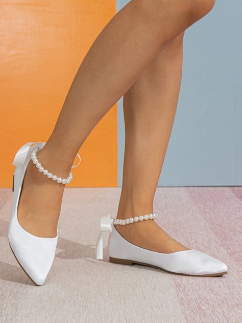 Urban Outfitters Furniture, Elegant Shoes Flat, Strap Flats, Elegant Wedding Hair, Cute Flats, Ankle Strap Flats, Pearl Decor, Wedding Heels, White Flats