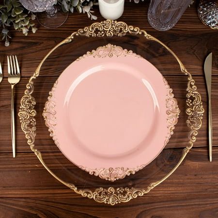 Disposable Plastic Dinner Plates Introducing our decorative Disposable Plastic Dinner Plates! Made from high-quality food grade plastic material, they are sturdy and durable, yet still lightweight and easy to handle. But what really sets them apart is the elegant design and intricate metallic detailing. Ornate Plastic Plates If you're looking for some elegant and affordable disposable dinnerware for your next big event, then look no further than our stunning plastic dinner plates! The intricate Rose Gold Table Centerpieces, Mauve Table Setting, Rose Gold Birthday Party Decorations Ideas, Pink Table Set Up, Quince Decorations Rose Gold, Senior Serve Table Ideas, Rose Gold Charger Plate Wedding, Blush Table Setting, Elegant Disposable Dinnerware