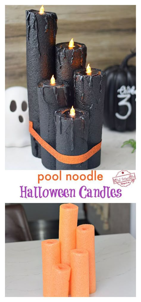 Pool Noodles Candles Halloween, Dollar Tree Pool Noodle Halloween Candles, Halloween Candles Out Of Pool Noodles, Halloween Noodle Candles, Candles Made Out Of Pool Noodles, Candles Out Of Pool Noodles, Candle Pool Noodles, Pool Noodle Luminaries, Foam Noodle Halloween Candles