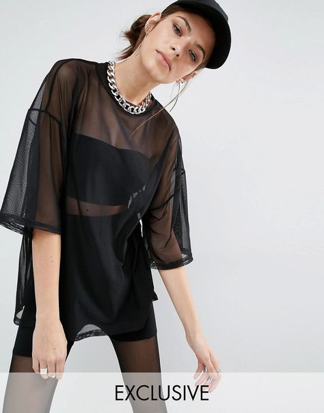 Image 1 of Bones Sheer Mesh Oversized Boxy T-Shirt Transparent Shirt Outfit, Mesh Shirt Outfit, Transparent Outfit, Festival Dresses, Outfit Rave, Baggy Tops, Mesh Fashion, Mesh T Shirt, Shirts Women Fashion