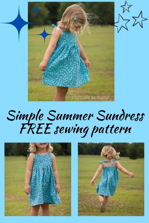 Simple Summer Sundress FREE sewing pattern (Sizes 2 to 6). This little dress is a really quick and easy sew. It features a slightly curved V neckline in the front, and an elastic back with straps that tie at the shoulders. The skirt is not too full and it hits right about the knee. It is easy to throw on and perfect for summer play! SewModernKids Free Toddler Dress Pattern, Toddler Dress Pattern Free, Girls Summer Dress Pattern, Summer Dress Patterns Free, Girls Dress Pattern Free, Sundress Sewing Patterns, Toddler Summer Dresses, Summer Dress Sewing Patterns, Toddler Sewing Patterns