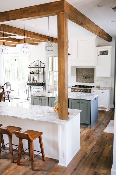 TEM Photography Kitchen With Beams In Island, Kitchen Island Into Living Room, Open Concept Kitchen Dining Living Room Split Level, Kitchen Islands With Beams, Kitchen Island With Wood Columns, Beam In Kitchen Island, Pine Island Kitchen, Column Kitchen Island, Case Opening Kitchen