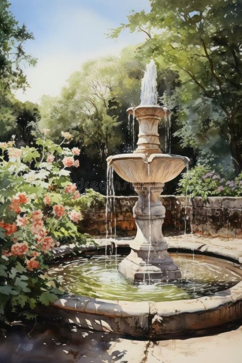 Classic fountain art in a blooming garden. royalty free stock photography Water Fountain Painting, Fantasy Fountain Art, Fountain Watercolor, Fountain Fantasy Art, Fancy Fountain, Water Fountains Paintings, Water Fountain Illustration, Fountain Watercolor Painting, Cottage Core Painting