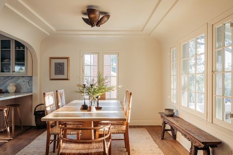 How a Designer-Builder Couple Pulled Off a Soulful Renovation Knowing They Planned to Sell Front Entrance Dining Room, Formal Dining Room Layout, Patio Off Dining Room, House Exterior Renovation, Dining Room Cottage, Modern Cottage Design, Open Living And Dining Room, Spanish Dining Room, Long Dining Room