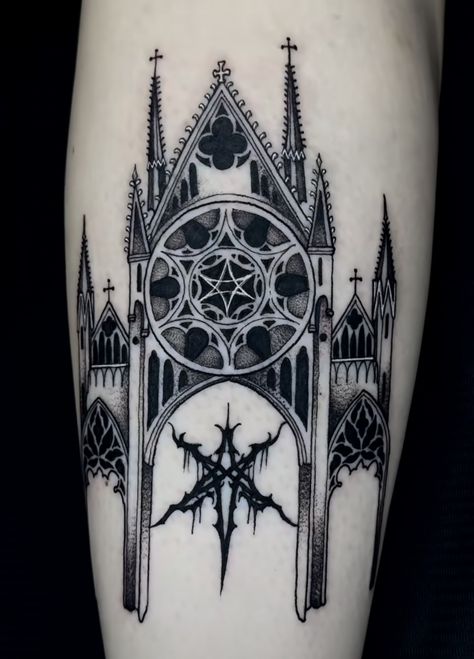 Cathedral Chest Tattoo, Gothic Cathedral Tattoo, Gothic Architecture Tattoo, Bmth Tattoo, Full Sleeve Ideas, Snowman Tattoo, Cathedral Tattoo, Round Tattoo, Tattoo Trash