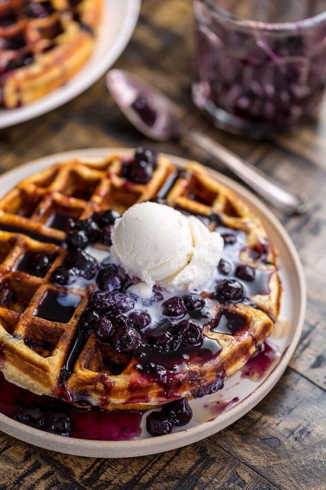 Greek Yogurt Blueberry Waffles with Fresh Blueberry Sauce - Baker by Nature Easter Brunch Dessert, Baker By Nature Recipes, Greek Yogurt Waffles, Blueberry Waffles Recipe, Greek Yogurt Blueberry, Brunch Recipe Ideas, Homemade Brunch, Fudge Pops, Homemade Greek Yogurt