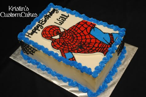 Spiderman Sheet Cake  Spiderman is a Frozen Buttercream Transfer ( FBCT)  www.facebook.com/kristinscustomcakes  www.kristinscustomcakes.blogspot.com Spiderman Sheet Cake, Birthday Cake Rectangle, Spiderman Cake Ideas, Frozen Buttercream Transfer, Cake Rectangle, Hello Kitty And Spiderman, Buttercream Transfer, Cake Spiderman, Spiderman Birthday Cake