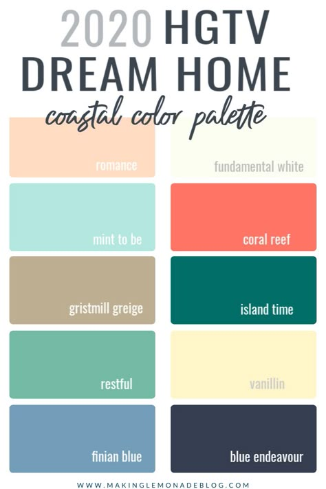 Click to check out photos of rooms painted in this soothing Coastal Paint Color Palette from the 2020 HGTV Dream Home! Beach Colors For Home, Home Interior Paint Colors, Hgtv Paint Colors, Home Paint Colors, Beach Color Palettes, Coastal Paint Colors, Coastal Paint, Beach House Colors, Hgtv Dream Homes