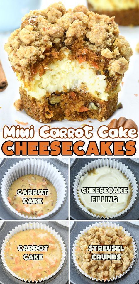 Indulge in the ultimate dessert fusion with these mouth-watering Mini Carrot Cake Cheesecakes! Each bite combines the warm spices of classic carrot cake with the smooth, rich decadence of cheesecake, all topped with a buttery streusel crumb. Perfect for parties, these individual treats will dazzle your guests and satisfy those carrot cake cravings. #CarrotCakeCheesecakes #MiniDesserts #CheesecakeLovers #BakingMagic via @https://www.pinterest.com/omgchocodessets/ Mini Carrot Cake Cheesecake Recipes, Mini Carrot Cheesecake, Carrot Cheesecake Muffins, Carrot Cake Treats, Cheesecake Stuffed Carrot Bundt Cake, Carrot Cake Desserts Easy, Individual Carrot Cake Desserts, Ultimate Chocolate Dessert, Recipes Cake Easy