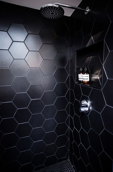 Best Black Hexagon Bathroom Tile Ideas | Country Floors Pink Tile Bathroom Ideas, Black Hexagon Tile Bathroom, Black Tile Bathroom Floor, Black Floors, Pink Tile Bathroom, Hexagon Tile Bathroom, Black Hexagon Tile, Fully Tiled Bathroom, Color Spotlight