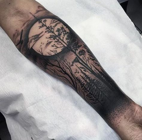 Mens Forearm Tree Sleeve With Moon Tree Sleeve Tattoo, Tattoo Guide, Inner Arm Tattoos, Tatuagem Masculina Pequena, Inner Arm Tattoo, Cool Arm Tattoos, Forest Tattoos, Back Of Shoulder Tattoo, E Tattoo