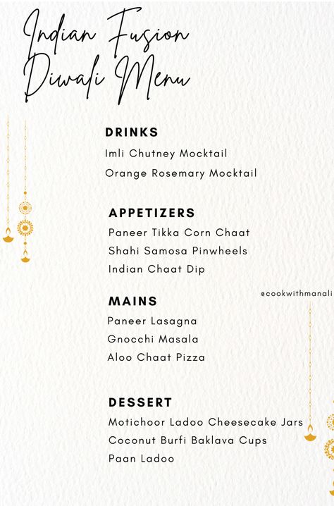 Diwali Dinner Menu (Indian Fusion & Traditional) - Cook With Manali Menu Indian Restaurant, Indian Wedding Dinner Menu Ideas, Diwali Menu Design, Indian Fusion Food Ideas, Diwali Menu Ideas, Indian Wedding Menu Ideas, Diwali Dinner Menu Ideas, Indian Dinner Party Menu Ideas, Indian Menu Design