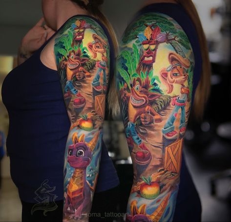 Crash Bandicoot Art, Spyro Tattoo, Crash Bandicoot Tattoo, Sleeping Beauty Tattoo, Calvin And Hobbes Tattoo, Disney Stitch Tattoo, Pop Culture Tattoos, Nintendo Tattoo, Cartoon Tattoo Ideas