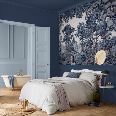 Introducing the Bodenham Twilight Mural, a striking piece of art that will bring a touch of nature into any space. This beautiful tapestry features a serene scene of trees and bushes in shades of blue and white, creating a calming and peaceful atmosphere. The intricate details and vibrant colours make this mural a captivating focal point for any room, whether it's a living room, bedroom, or office. Transform your walls and create a loving home with our unique range of digital wall murals. Crafte Blue Wall Mural Bedrooms, Large Print Wallpaper Blue, Navy Wall Mural, Whale Wallpaper Bedroom, Wallpaper Murals Statement Wall Blue, Living Room Types, Beautiful Tapestry, Rustic Farmhouse Bathroom, Striped Tile