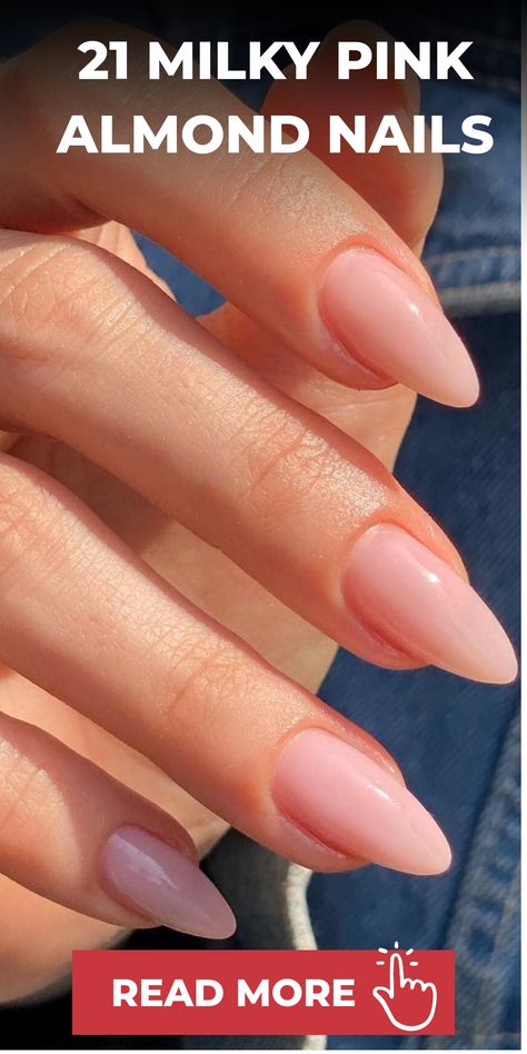 Upgrade your nail style with stunning milky pink almond nails for a chic and elegant touch. Whether you prefer a delicate or glamorous appearance, we offer fantastic ideas to ensure your manicure is always on point. Embrace the beauty of milky pink shades and flattering almond shapes to feel like royalty. Let your nails make a statement as you dazzle in sophistication and femininity, empowering you to take on the world with confidence through an exquisite manicure that exudes elegance and grace. Soft Pink Short Almond Nails, Almond Nails Pale Skin, Natural Looking Almond Nails, Natural Pink Almond Nails, How To Shape Almond Nails, Pale Pink Almond Nails, Milky Pink Almond Nails, Pink Almond Nails, Classy Almond Nails