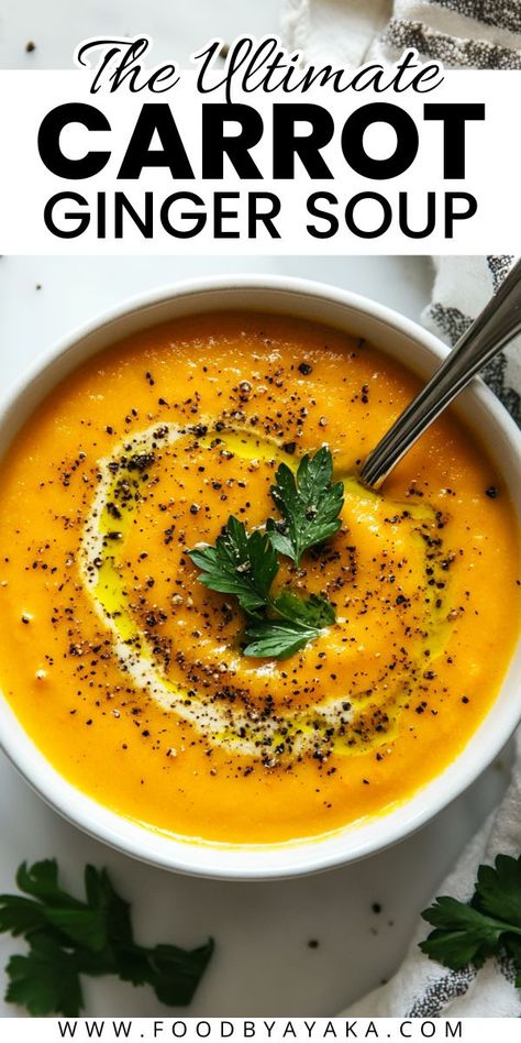 Bowl of carrot ginger soup, a festive and light option for Christmas dinner. Light Winter Dinner, Carrot Soup Recipes Healthy, Winter Soup Recipes Healthy, Health Soup Recipes, Christmas Soup Recipes, Puree Soup Recipes, Dinner Soups, Ginger Carrot Soup, Holiday Soup