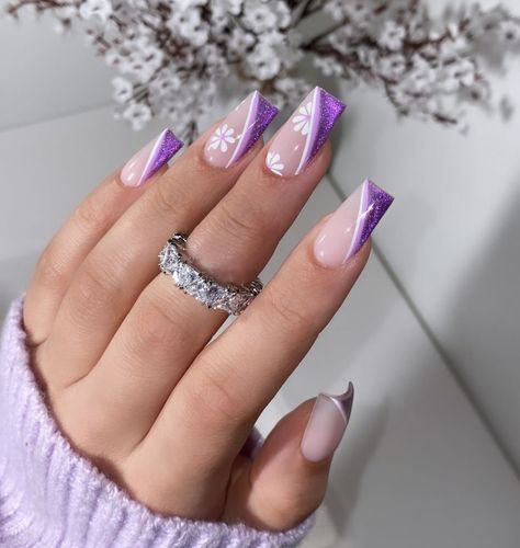 Purple French Tip Nails Square, Purple And White French Tip Nails, Purple Nails With Butterfly, French Tip Nails Square Long, Summer Nails Lavender, Purple Glitter Nails Acrylic, Purple And White Nail Designs, Purple Acrylic Nails Coffin, Dark Purple French Tip Nails