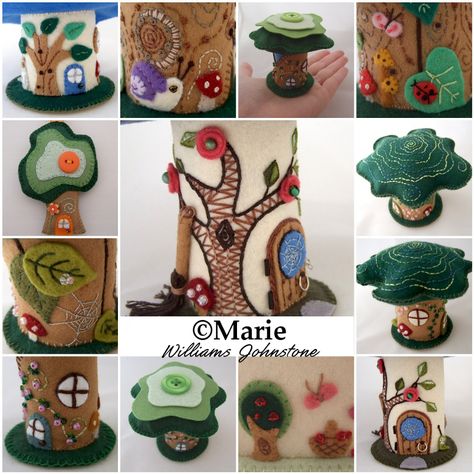 Montage of fairy homes and houses handmade and stitched with felt by CraftyMarie Fairy House Tutorial, Felt Houses, Felt Template, Felt Play Mat, House Tutorial, Felt Craft Projects, Felt House, Felt Toys Patterns, House Pattern