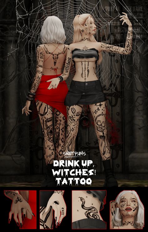 50+ Sims 4 Tattoos: Absolute Best Tattoo CC Packs (2023 Update) 2 Ts4 Full Body Tattoo, Witches Tattoo, Sims 4 Tattoo Cc, Sims 4 Cc Links, Sims Tattoo, Sims 4 Cc Goth, Sims 4 Tattoos, Drink Up Witches, Goth Tattoo