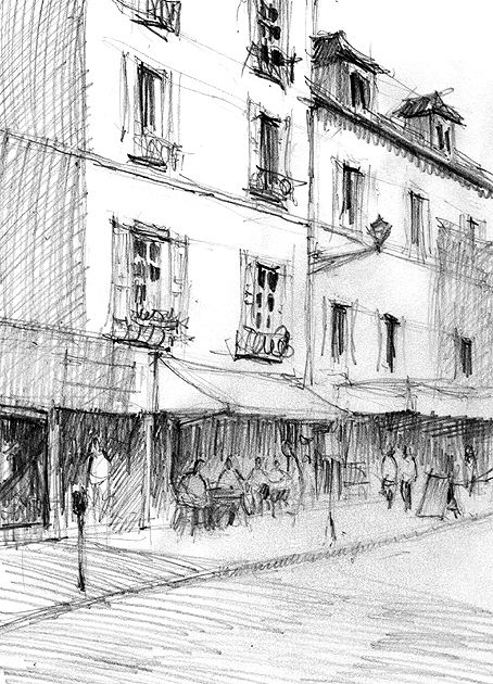 Pencil dwg city street sidewalk cafe Street Drawing Sketches Cities, Street Background Drawing, Street Scene Drawing, Sidewalk Drawing, Street Sidewalk, Drawing Buildings, City Sketches, Models Architecture, Europe Street