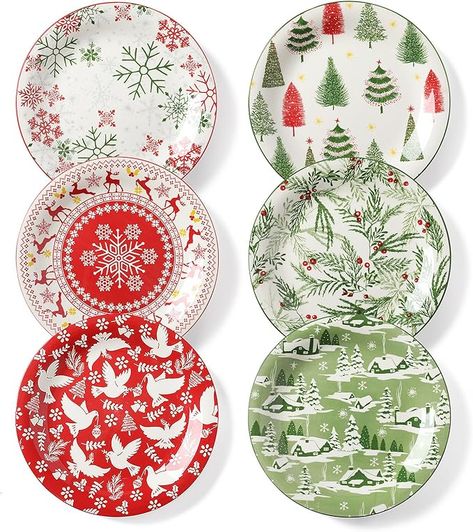 SHOP NOW - 10 Inch Ceramic Serving Plates for Pasta, Steak, Salads, Dishwasher and Microwave Safe, Christmas Dinnerware Set of 6 Steak Salads, Christmas Salad Plates, Christmas Plate Set, Christmas Dinnerware Sets, Pasta Side, Christmas Salad, Christmas Dinner Plates, Ceramic Dessert, Christmas Salads