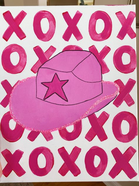 Pink Hearts Painting, Cowgirl Hat Painting, Xoxo Painting, Preppy Wall Collage, Sorority Canvas, Heart Painting, Canvas Painting Designs, Cowgirl Hats, Summer Projects