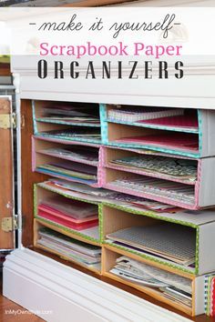 DIY Scrapbook Paper Organizer using our 14″ x 14″ x 4″ Cardboard Boxes and Washi Tape! Fun! | In My Own Style Scrapbook Paper Organization, Diy Box Crafts, Scrapbook Paper Storage, Organized Desk, Craft Room Organization Diy, Cardboard Organizer, Craft Paper Storage, Carton Diy, Diy Scrapbook Paper