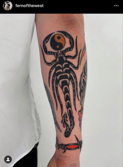 Scorpion Leg Tattoo, Yin Yang Traditional Tattoo, American Traditional Scorpion Tattoo Design, Trad Scorpion Design, Scorpion American Traditional, Scorpion Trad Tattoo, Traditional Tattoo Art Scorpion, Traditional Scorpion Tattoo, Neck Tats