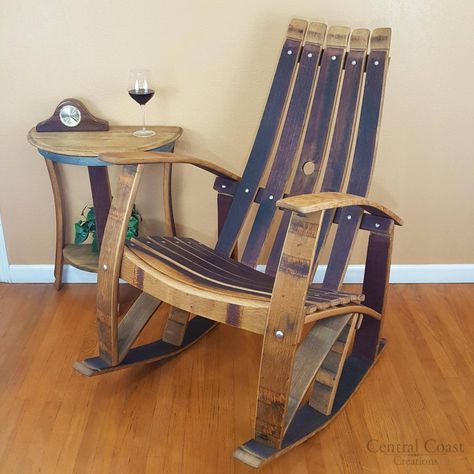 WINE BARREL Stave ROCKING Chair Rustic Furniture Home Patio | Etsy Wine Barrel Chairs, Wine Barrel Crafts, Whiskey Barrel Furniture, Chair Woodworking Plans, Barrel Projects, Wine Barrel Furniture, Barrel Decor, Barrel Table, Barrel Furniture